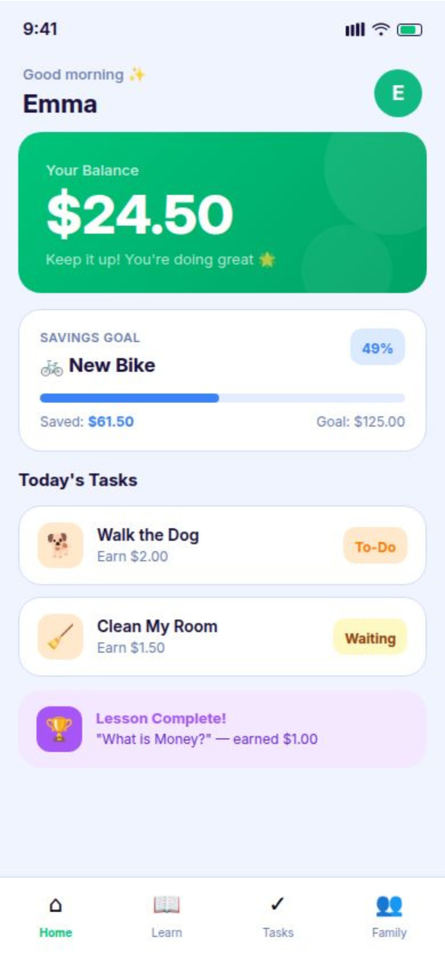 Qoin Wealth home screen showing balance, savings goal, and today's tasks