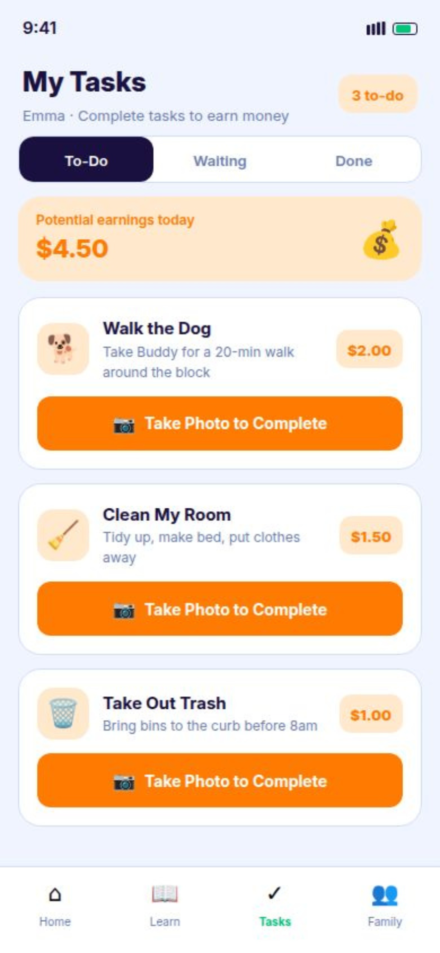 Qoin Wealth tasks screen showing chores and earnings