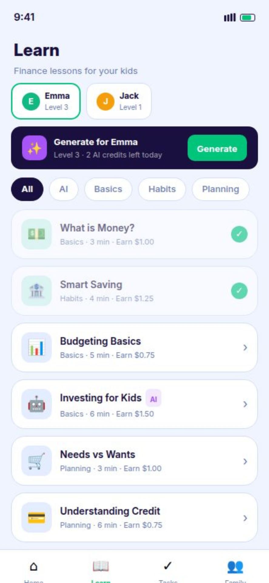 Qoin Wealth learn screen with kid-friendly money lessons