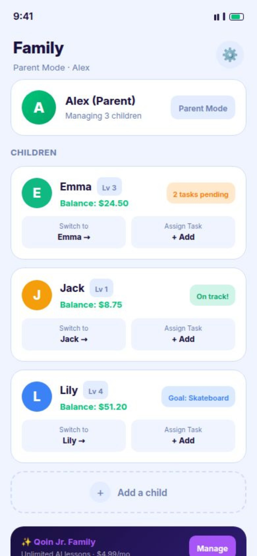 Qoin Wealth family screen for parents managing multiple kids