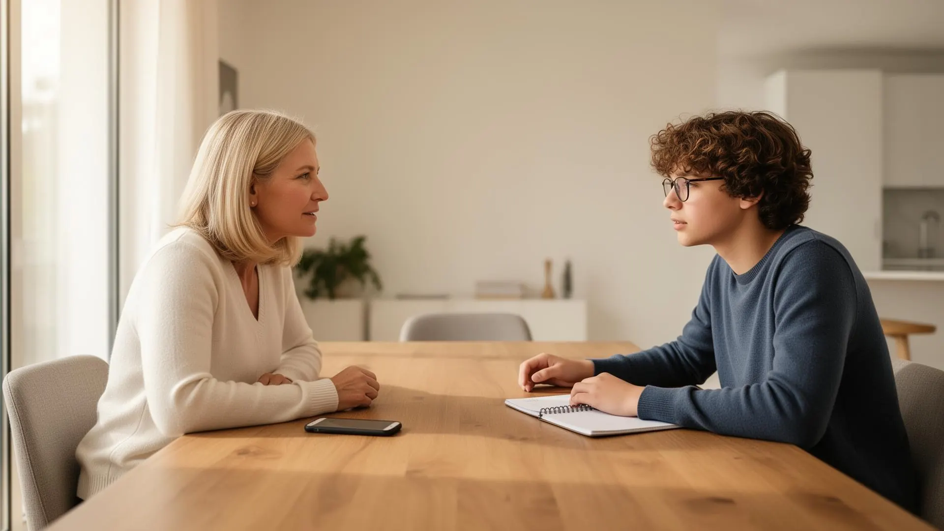 Parent and teenager having a thoughtful money conversation at the kitchen table