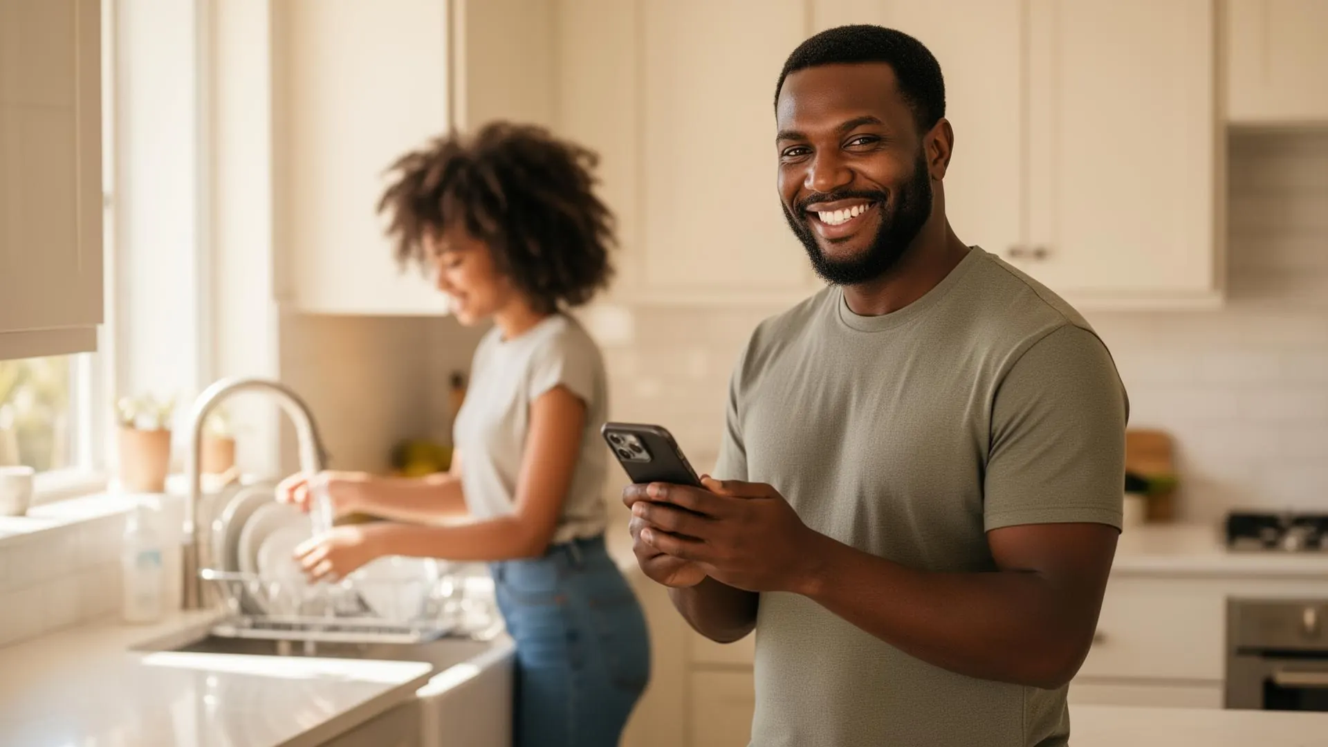 Parent assigning chores in the Qoin Wealth app while a teenager washes dishes in the background