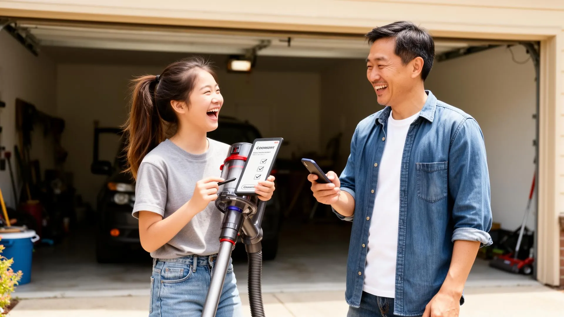 Father and teenage daughter celebrating a completed chore using Qoin Wealth